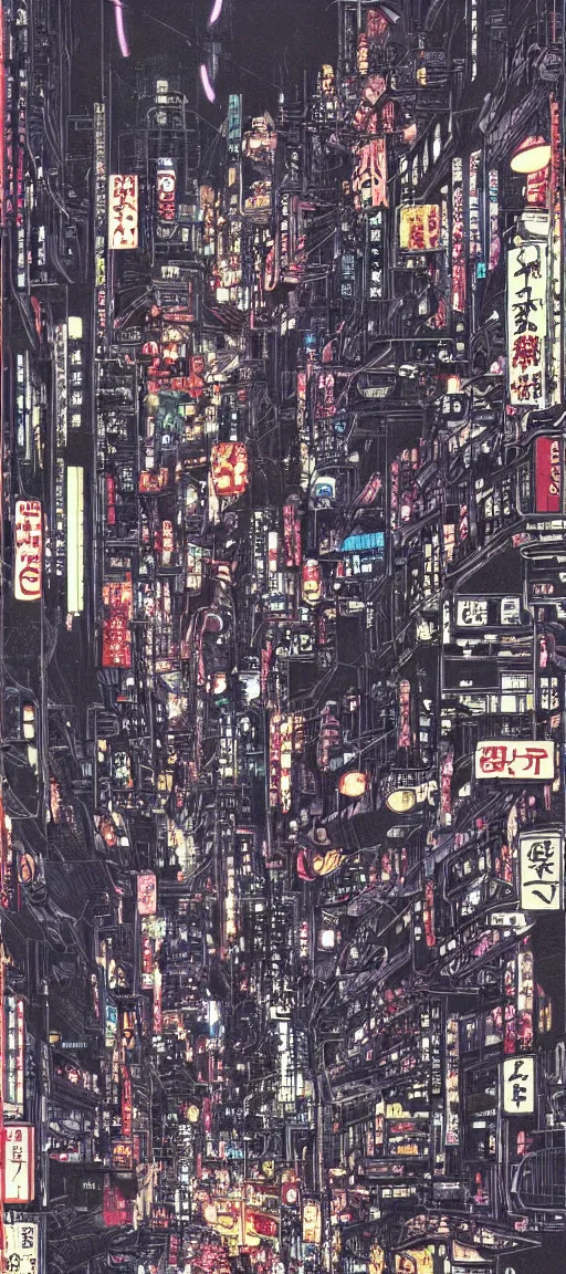 Image similar to beautiful hypercomplex anime drawing of an AKIRA-like cyberpunk city landscape, japan at night, 1980s, by Katsuhiro Otomo, wide angle, grand