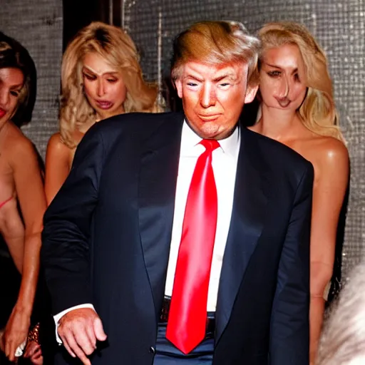 Image similar to donald trump, magic city nightclub, award winning, flash photo, paparazzi,