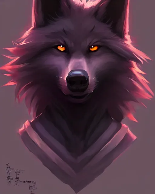 Image similar to character concept art of a black anthropomorphic furry male wolf long red hair | | cute - fine - face, pretty face, key visual, realistic shaded perfect face, fine details by stanley artgerm lau, wlop, rossdraws, james jean, andrei riabovitchev, marc simonetti, and sakimichan, trending on artstation