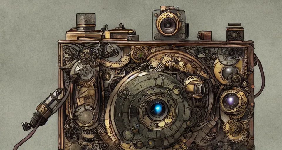 Image similar to A beautiful artwork illustration, extremely detailed and advanced steampunk-themed camera , featured on artstation, wide angle, horizontal orientation