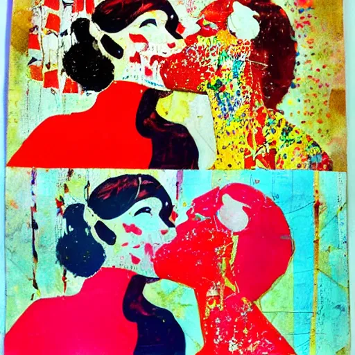 Image similar to two women kissing at a carnival, mixed media collage, retro, paper collage, magazine collage, acrylic paint splatters, double exposure,