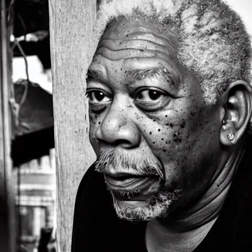 Prompt: a photo of a house burning down in the background and morgan freeman with an eerie expression in the foreground, strong depth of field