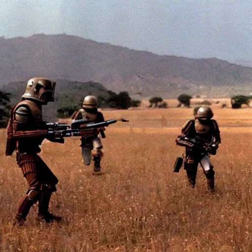 Image similar to star wars mandalorians combat soldiers in vietnam, photo, old picture, lush landscape, field, firearms, explosions, x - wings, aerial combat, active battle zone, fire, battle droids, jedi, land mines, gunfire, violent, star destroyers, star wars lasers, sci - fi, american soldiers, agent orange, bomber planes, trench warfare