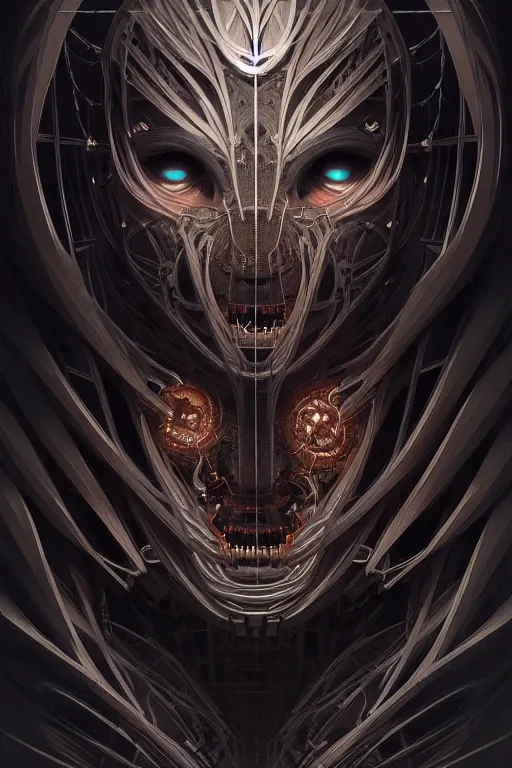 Prompt: professional concept art symmetric portrait of a terrifying! mechanical!! predatory fractal! species in a dark room by artgerm and greg rutkowski. an intricate, elegant, highly detailed digital painting, concept art, smooth, sharp focus, illustration, in the style of cam sykes.