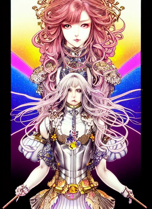 Image similar to highly detailed terada katsuya ayami kojima atrstation manga poster of princess mechine, rainbow gradient reflection, cute face by artgerm, art nouveau, long hair, armor, dress, laces, ruffles, 8 k, maximalist, golden ratio, jump comics