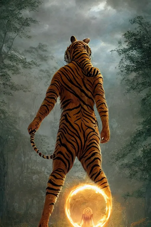 Image similar to a humanoid tiger king stands on a magical circle by greg rutkowski, magic realism, hyper realistic, 2 0 0 mm lens