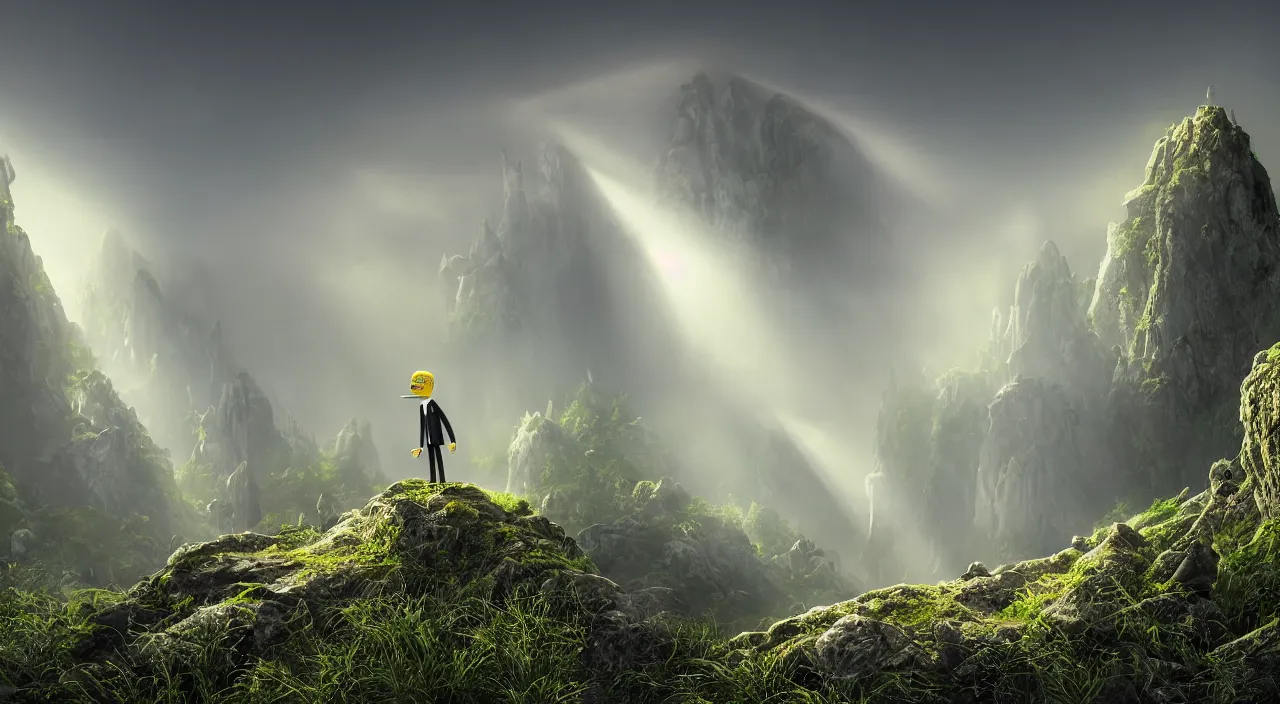 Image similar to photorealistic matte painting of mr burns from the simpsons standing far in misty overgrowth undergrowth jagged rock features volumetric fog light rays high contrast dawn