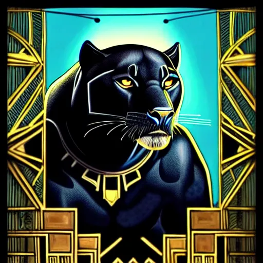 Image similar to artdeco illustration of one beautiful majestic black panther. beautiful. mysterious. intricately detailed. meticulously rendered. background is a jungle. epic skym hd. trending on art station. h 7 6 8