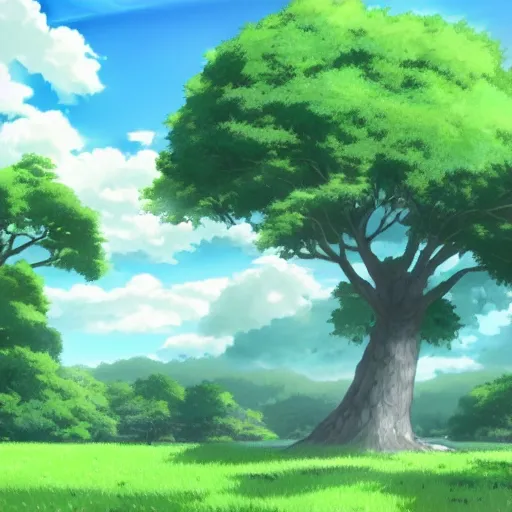 Image similar to big white whale flying near giant tree in the green field, anime, HD,