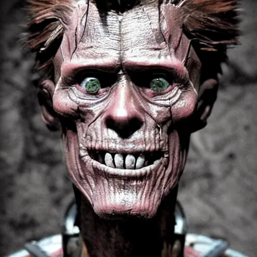 Image similar to grainy recovered photo of animatronic Willem Dafoe by Stan Winston studios trashed destroyed lying in a landfill post apocalyptic gloom exposed inner machinery detailed