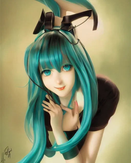 Image similar to Hatsune Miku by Gil Elvgren and Daniela Uhlig