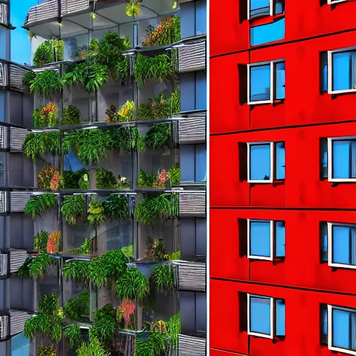 Prompt: multistory building, full of tropical plants overgrowing, glass openings, red mesh in the facede, housing architecture, classical architecture, brutalist architecture, blue hour, archviz, cgi, trending on artstation, architecture visualization, corona renderer, unreal engine, ray tracing, after rain, cinematic, intricate, by greg rutkowski, award winning