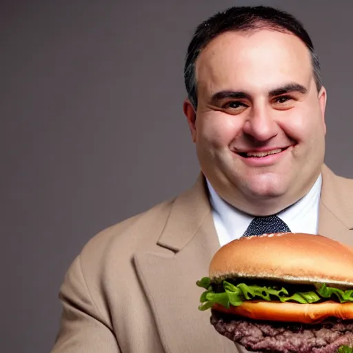 Image similar to clean - shaven smiling white chubby italian american man in his 4 0 s wearing a brown overcoat overcoat overcoat and necktie holding a giant burger, 2 0 0 0 avertising promo shot