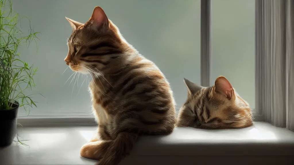 Image similar to beautiful peaceful dreamy painting of a content tabby cat sitting by a window and looking outside, sunshine coming through the window, small plants on the window sill, 8k, hyper realism, trending on artstation, octane render