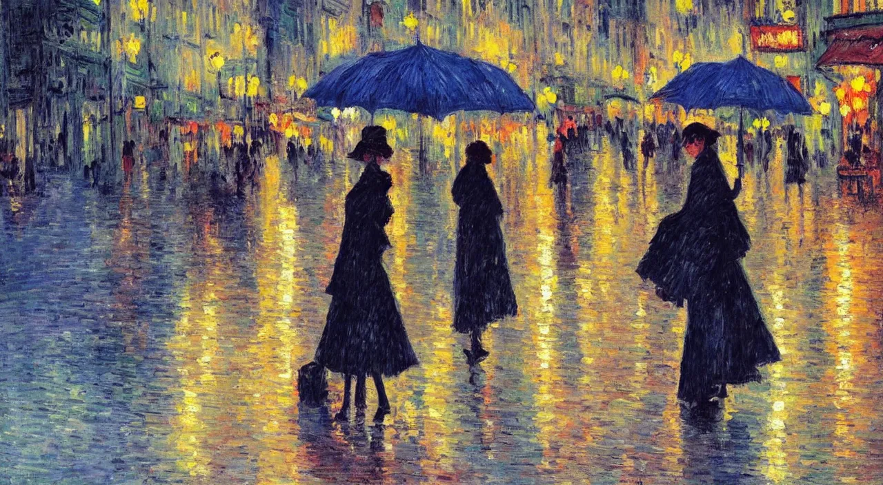 Prompt: evening city scene with young woman with umbrella. beautiful use of light and shadow to create a sense of depth and movement. post - impressionism, using energetic brushwork and a limited color palette, providing a distinctive look and expressive quality in a rhythmic composition