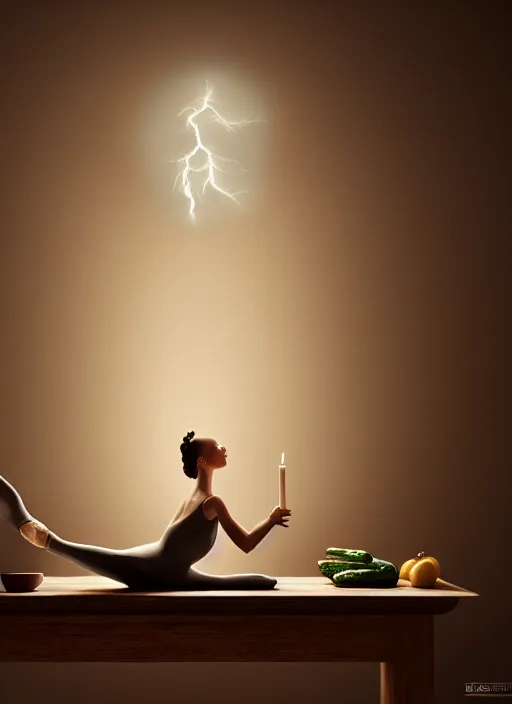 Image similar to a ballerina sitting on top of a wooden table, medieval concept art, cinematic lightning and colors, featured on cg society, photorealism, vray tracing, rendered in unreal engine, photorealistic, vegetables on table and candle, dark lightning, contrast shadows