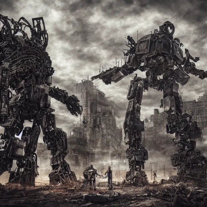 Prompt: gritty apocalyptic scene of human standing next to mech, hyper - detailed, sharp focus, 4 k ultra hd, fantasy dark art, apocalyptic art