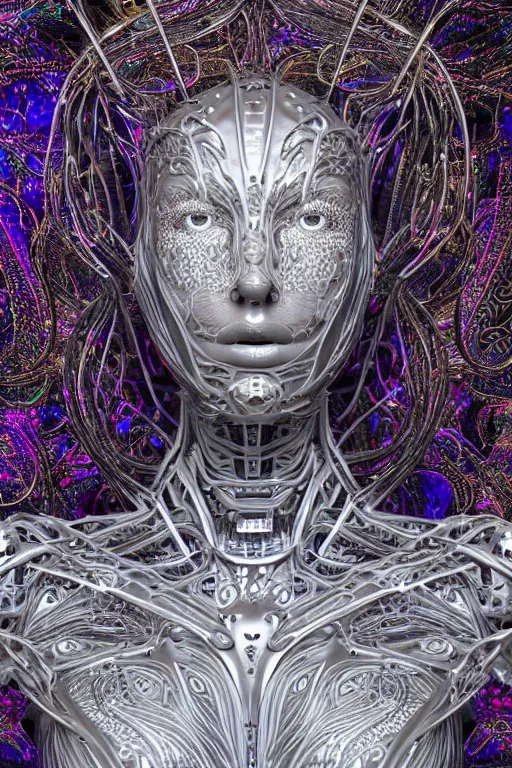 Prompt: a melancholic realistic 8k sculpture of a complex robotic human face, liquid metal simulation, bright psychedelic neon colors, dark dramatic lighting, hexagonal mesh wire, filigree intricate details, cinematic, fleshy musculature, white blossoms, elegant, 50mm lens, DOF, octane render, art nouveau, 8k post-processing, intricate art by Eddie Mendoza