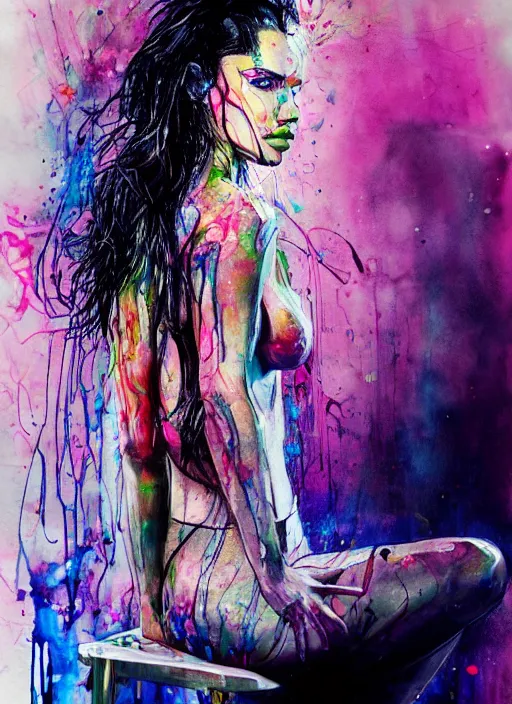 Prompt: adriana lima by agnes cecile, sitting on a stool, bent over posture, full body portrait, extremely luminous bright design, pastel colours, ink drips, autumn lights