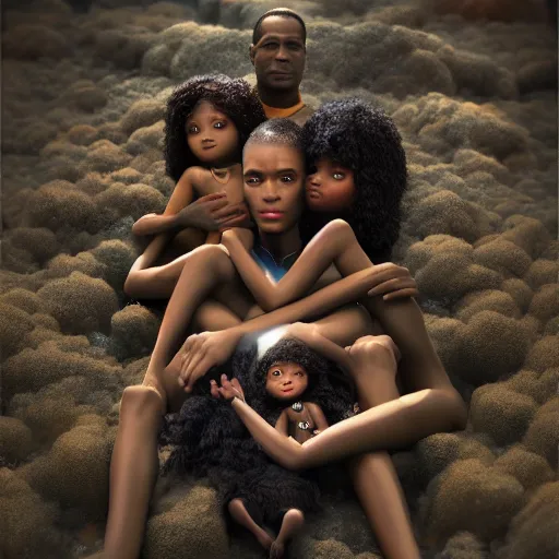 Image similar to stunning, coherent, impressive, still of black family in a dream world, follow shot, 3d, in the style of pixar, comic book style, 3d, highly detailed, sharp focus, bokeh, depth of field, 16k resolution, octane renderer, coherent, cinematic lighting, photorealistic, by Zhang Jingna