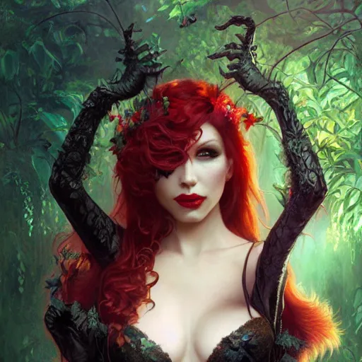 Image similar to a beautiful and detailed matte painting of poison ivy dressed as a seductive vampire cat girl, fantasy, d & d, dark eyeliner, intricate, elegant, highly detailed, digital painting, artstation, concept art, matte, sharp focus, illustration, art by greg rutkowski and alphonse mucha