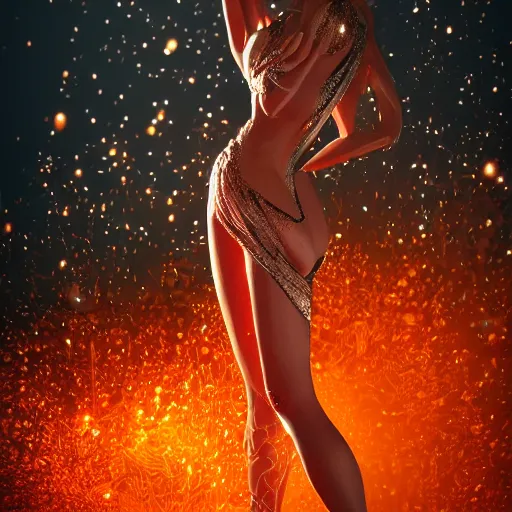 Image similar to girl in a bikini, with ethereal full body, digital image of a elegantly posed dancing futuristic woman beautifully intertwined in realistic chrome flame foliage dress liquid like fire, full body shot, by Andrew Chiampo, artstation, and Frederik Heyman, extremely detailed woman, stunning volumetric lighting, hyper realism, fantasy, intricate detail, 4k,