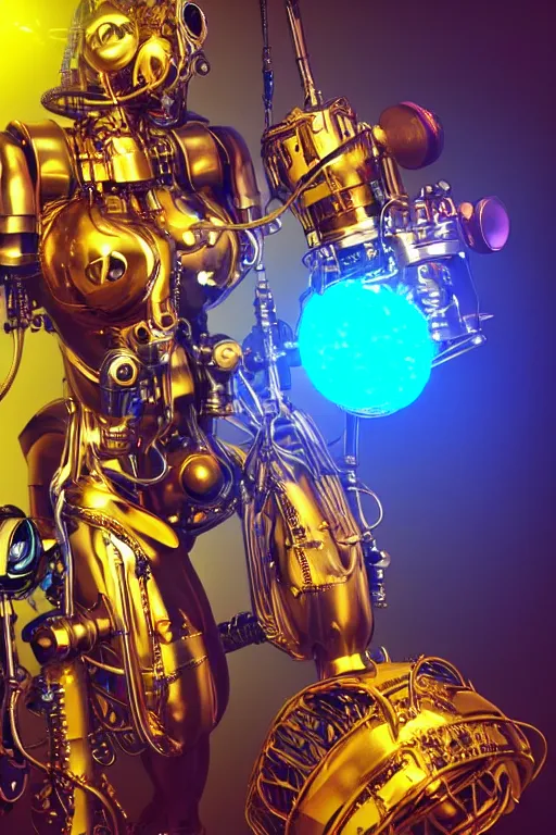 Image similar to portrait photo of a giant huge golden and blue metal humanoid steampunk cyborg female singer with gears and tubes, in the foreground is a big red glowing microphone, eyes are glowing red lightbulbs, shiny crisp finish, 3 d render, 8 k, insaneley detailed, fluorescent colors, background is multicolored lasershow