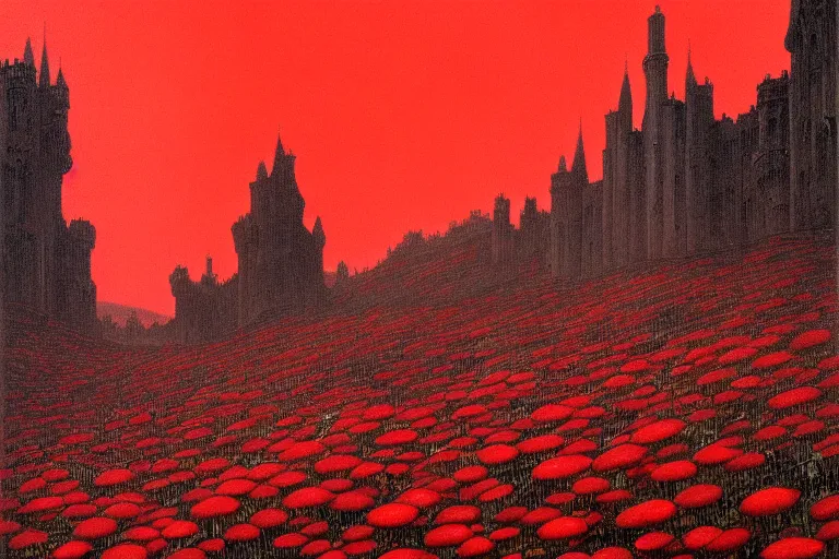 Image similar to only with red, red flowers of different types, red castle in background, red medieval goblins, in the style of beksinski, parts by edward hopper, parts by rodcenko, parts by yue minjun, intricate and epic composition, red by caravaggio, insanely quality, highly detailed, masterpiece, red light, artstation, 4 k