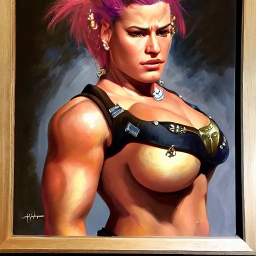 Image similar to detailed portrait of zarya from overwatch, intricate, hyper detailed, realistic, oil painting, by julie bell, frank frazetta, cinematic lighting