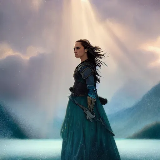 Prompt: wizard, argentina, natalie portman, hudson river school, max rive, full plate armor, f 1 6, bokeh, gentle, female, snowy mountain, storm clouds, god rays, close up portrait, d & d, fantasy, elegant, teal pink white gold color palette, concept art, roger deakins and greg rutkowski and alphonse mucha