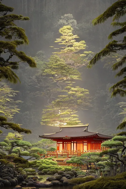 Image similar to Japanese Buddhist temple in the middle of a forest of bonsai and bamboo, powerfull, intricate, elegant, volumetric lighting, digital painting, highly detailed, artstation, sharp focus, illustration, concept art, ruan jia, steve mccurry