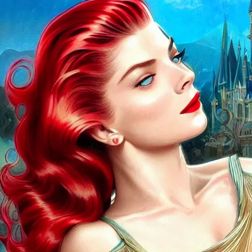 Prompt: A combination of Grace Kelly's and Katheryn Winnick's and Ashley Greene's faces with red hair as Aqua Man, full body shot, western, fantasy, intricate, elegant, highly detailed, digital painting, artstation, concept art, matte, sharp focus, illustration, art by Artgerm and Greg Rutkowski and Alphonse Mucha