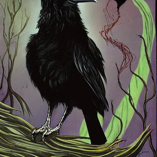 Image similar to fantasy painting of a raven by dr seuss | horror themed | creepy