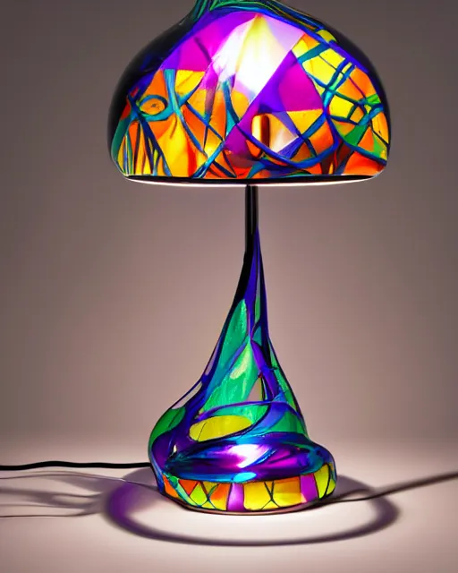 Prompt: colorful sculptural table lamp designed by iris van herpen and m. c. escher, painted metal and glass, advertising photography