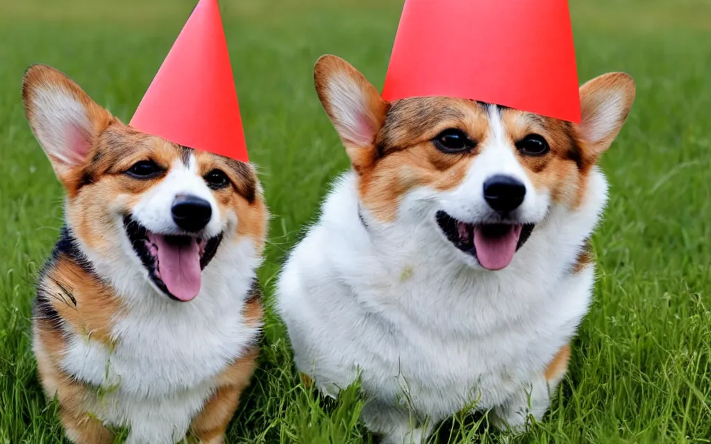 Prompt: A photo of corgi in a field, wearing a party hat.