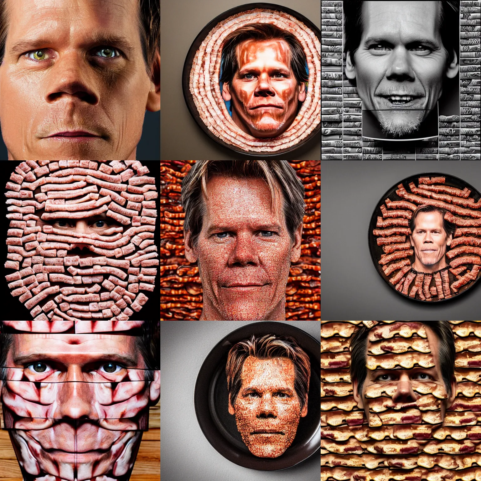 Prompt: kevin bacon's face made entirely of bacon, dish, top view, sigma 8 5 mm
