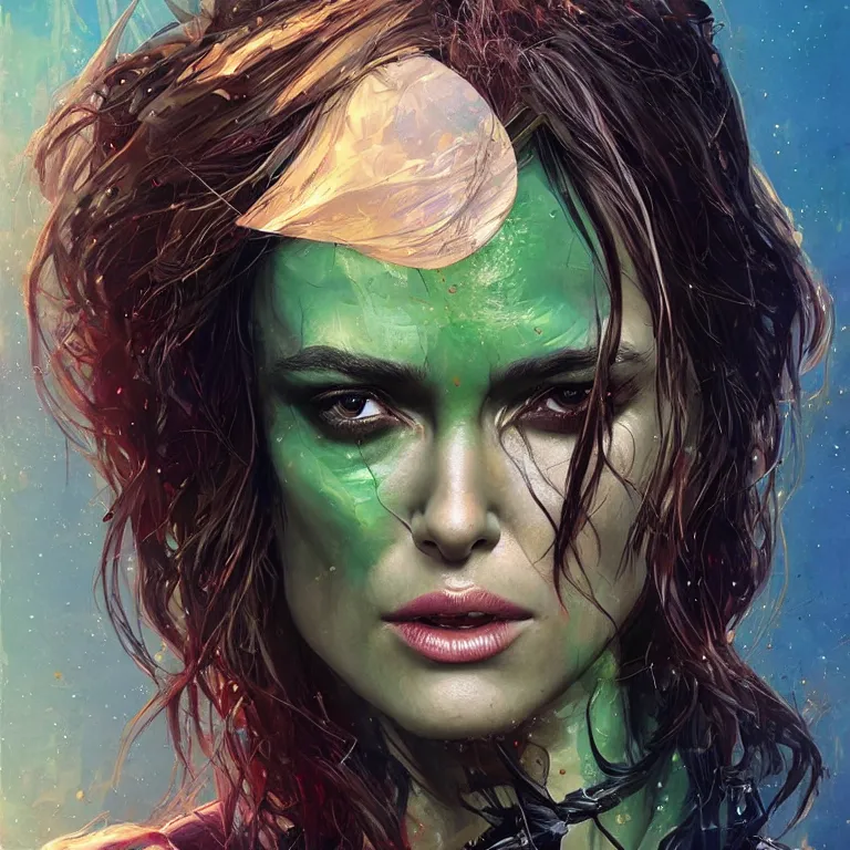 Image similar to Keira Knightley as Gamora (Guardians of the Galaxy) by Karol Bak, Sandra Chevrier, beeple, Pi-Slices and Kidmograph, beautiful digital illustration