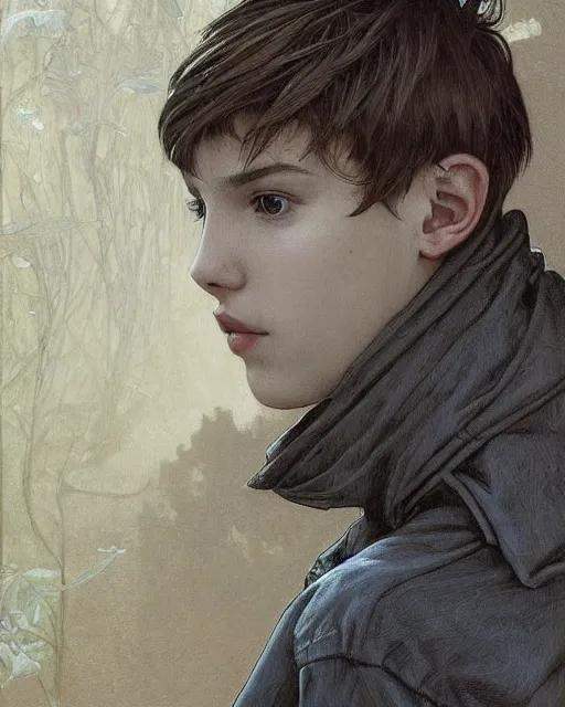 Image similar to portrait of 1 5 - year - old boy, a tall, slender boy with a pale, pointed face, sleek blond hair, and ice grey eyes, wearing black clothes, hyper realistic face, beautiful eyes, close up, fantasy art, in the style of greg rutkowski, intricate, alphonse mucha, hyper detailed, smooth