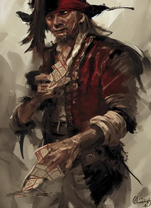 Image similar to a portrait of a pirate playing cards by Craig Mullins