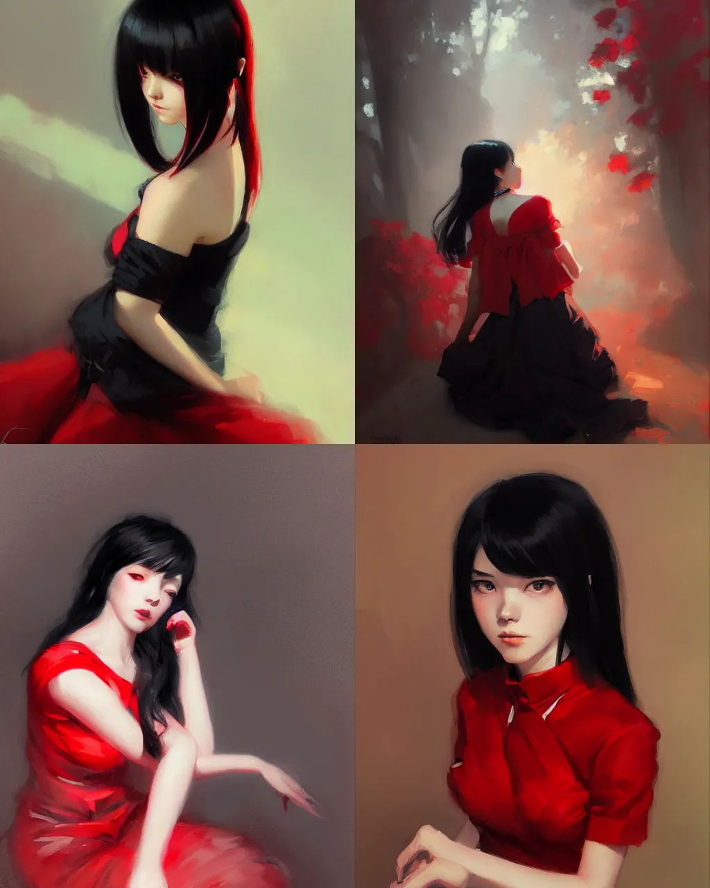 Prompt: girl with black hair and red dress, portrait, backlit, by wenjun lin an krenz cushart, wide angle