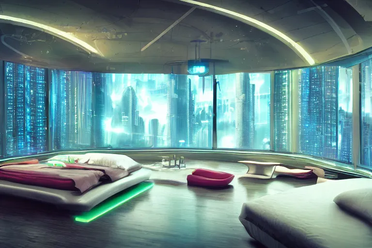 Image similar to a futuristic bedroom with large curved ceiling high windows looking out to a far future cyberpunk cityscape, cyberpunk neon lights, raining, scifi