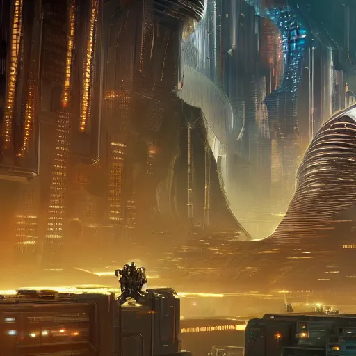 Image similar to a scene of the beautiful intricate epic futuristic city with a cyber sphinx, small hovering cyber pyramids, hyper detailed, cinematic lighting