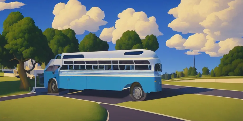 Image similar to autobus, blue sky, summer evening, kenton nelson