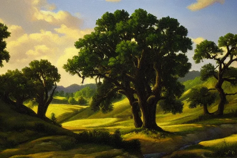 Image similar to masterpiece painting of oak trees on a hillside overlooking a creek, dramatic lighting, by charles santore