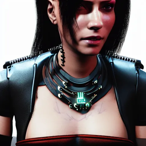 Prompt: female V from Cyberpunk 2077 wearing spiked steel choker, steel collar, steel choker, punk, steel collar, 4K, realistic, spiked collar, portrait, art, beautiful,