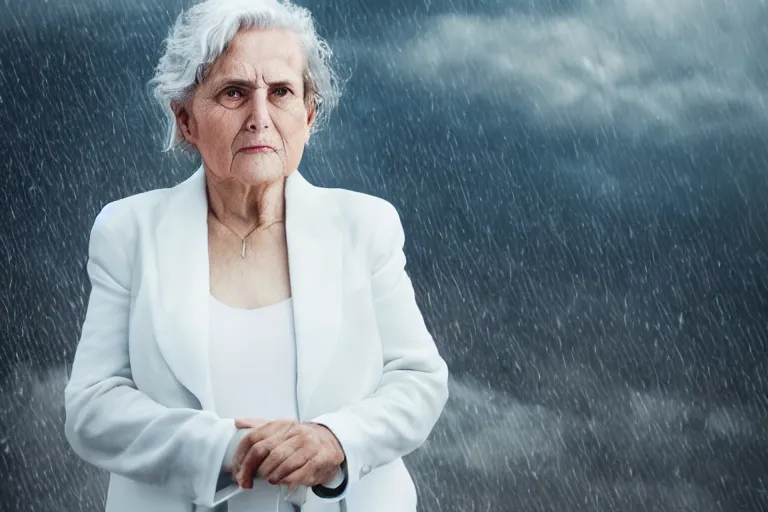 Image similar to a realistic cinematic headshot portrait of an old woman on top of skyscaper, wearing futuristic white suit, ceo, 4 k, ultra realistic, dramatic lighting, rain, clouds, fog, vogue, fashion, magazine spread, by annie leibovitz