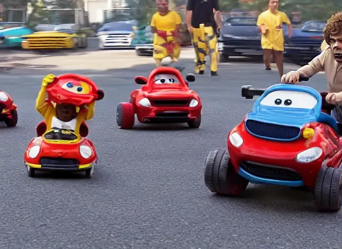 Image similar to peter dinklage racing gary coleman driving a little tikes cars, movie still, from the new fast and furious movie, 8 k, realistic