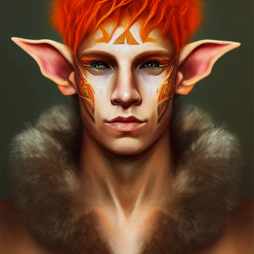 Image similar to portrait painting of an elven young man with short light orange hair and tribal tattoos on his face wearing fur armor, sharp focus, award - winning, trending on artstation, masterpiece, highly detailed, intricate. art by aurore folny