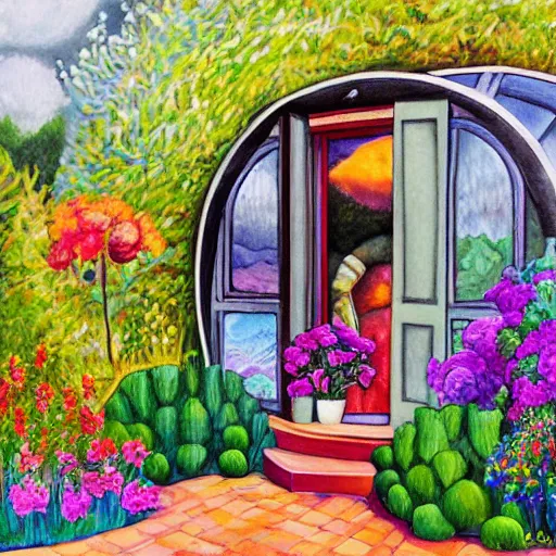 Prompt: hyperrealistic cozy queer earthship home interior with flowers, fine art gouache painting