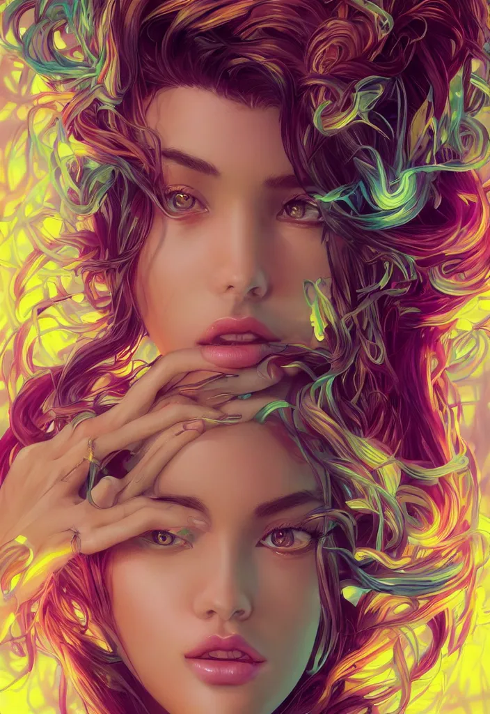 Prompt: beautiful, young woman, detailed gorgeous face, vaporwave aesthetic, synthwave, colorful, psychedelic, artstation, concept art, smooth, extremely sharp detail, finely tuned detail, ultra high definition, 8 k, unreal engine 5, ultra sharp focus, illustration, art by artgerm mary dimova, jim lee, greg rutkowski and alphonse mucha